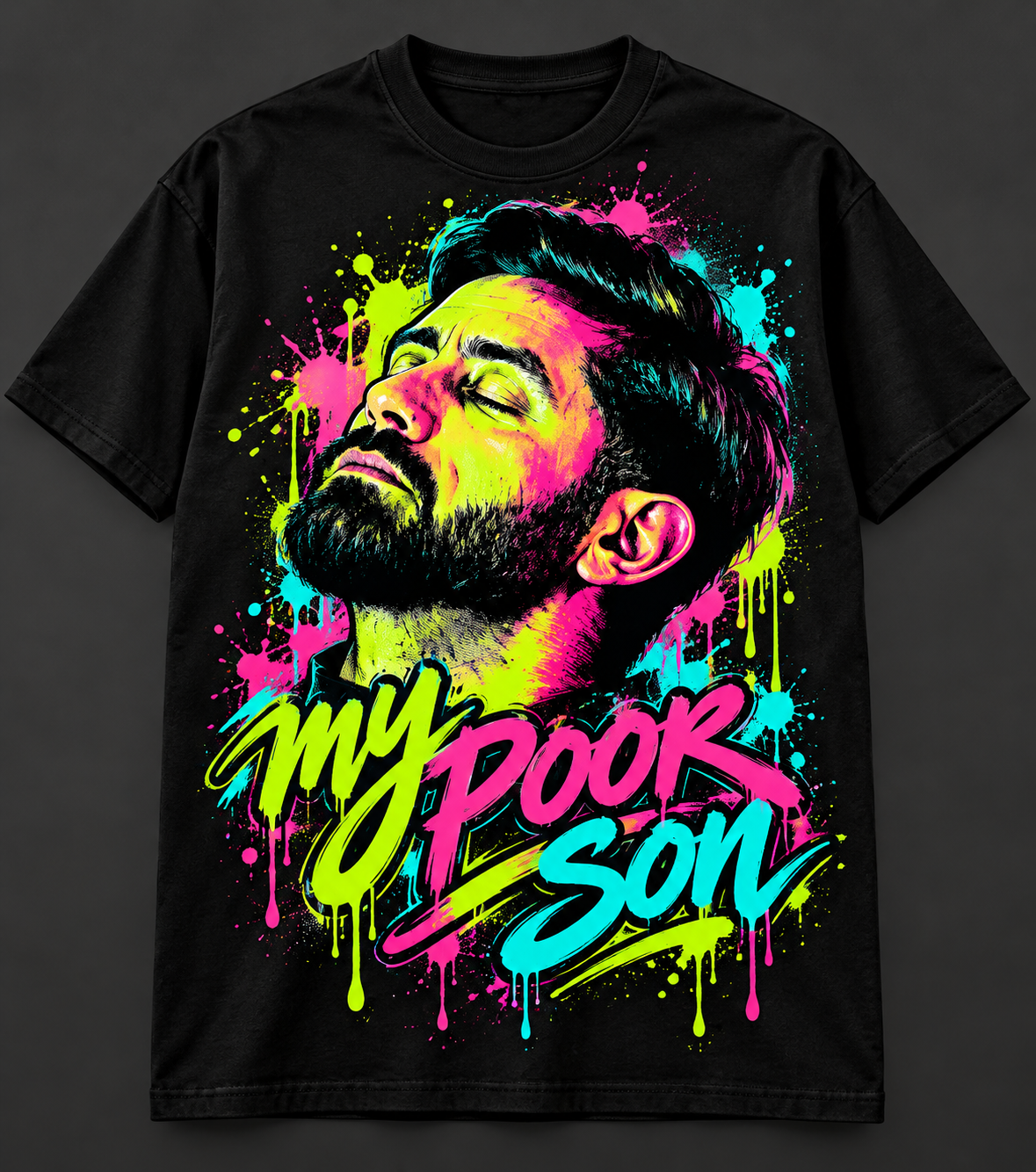 The Neon Meltdown — black tee with neon graffiti portrait